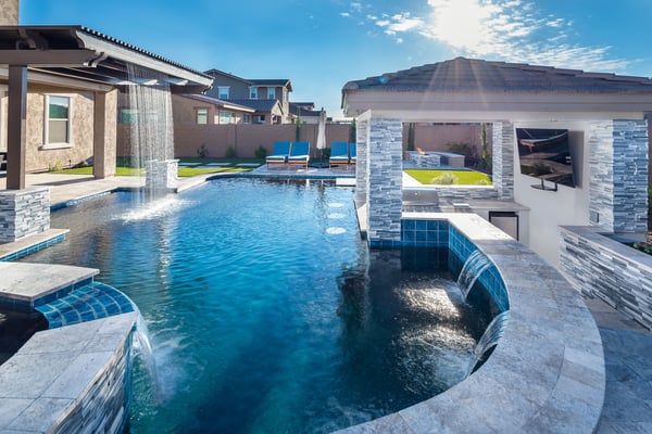 swimming pool design pergola rain feature baja deck sunken kitchen stools pool