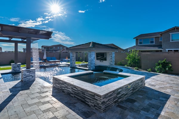 swimming pool design modern travertine pergola sunken kitchen baja deck